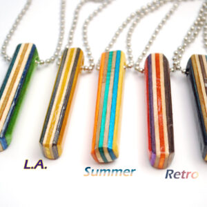 bar necklace, wood, recycled, jewelry, skateboard